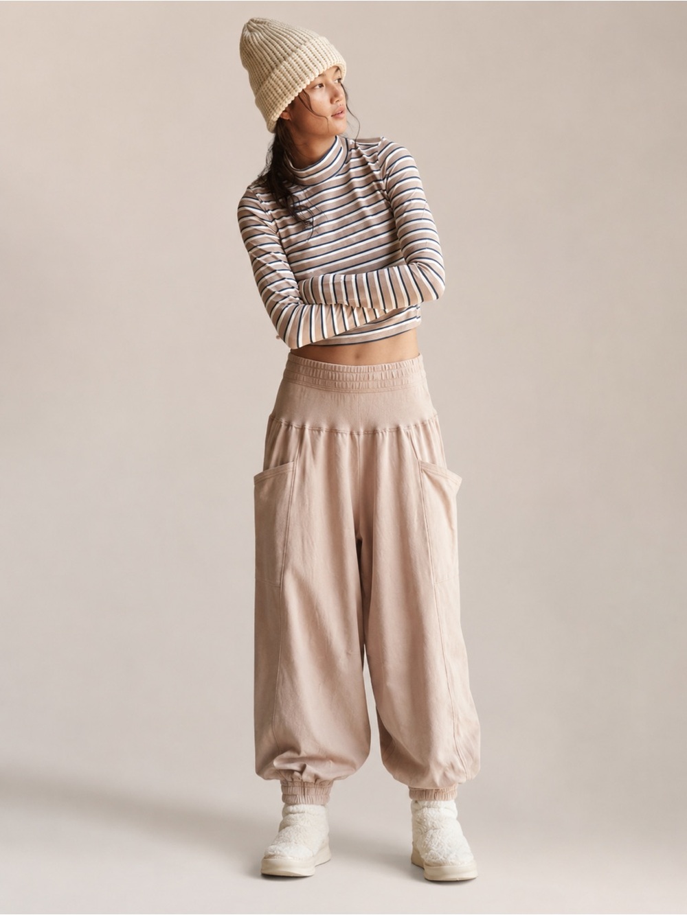 NWT Free People Set Tan Navy Two pieces Striped mock neck Tan harem Pants Medium